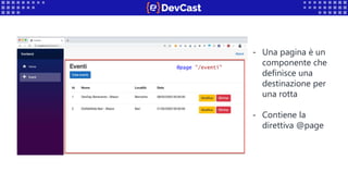 - Una pagina è un
componente che
definisce una
destinazione per
una rotta
- Contiene la
direttiva @page
@page "/eventi"
 