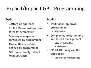 Explicit/Implicit GPU Programming
Explicit                         Implicit
• Bottom-up approach             • Traditional Top-down
• Explicit Kernel written from     programming
  threads’ perspective              – Big Picture
• Memory management              • Compiler handles memory
  controlled by programmer         and thread management
                                    – May be guided by
• Thread Blocks & Grid
                                      programmer
  defined by programmer
                                 • CPU & GPU may use the
• GPU code usually distinct
                                   same code
  from CPU code
                                    – Easier code maintenance
 