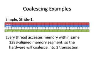 Coalescing Examples
Simple, Stride-1:
Segment 1
Segment 0


Threads in same warp



Every thread accesses memory within same
  128B-aligned memory segment, so the
  hardware will coalesce into 1 transaction.
 