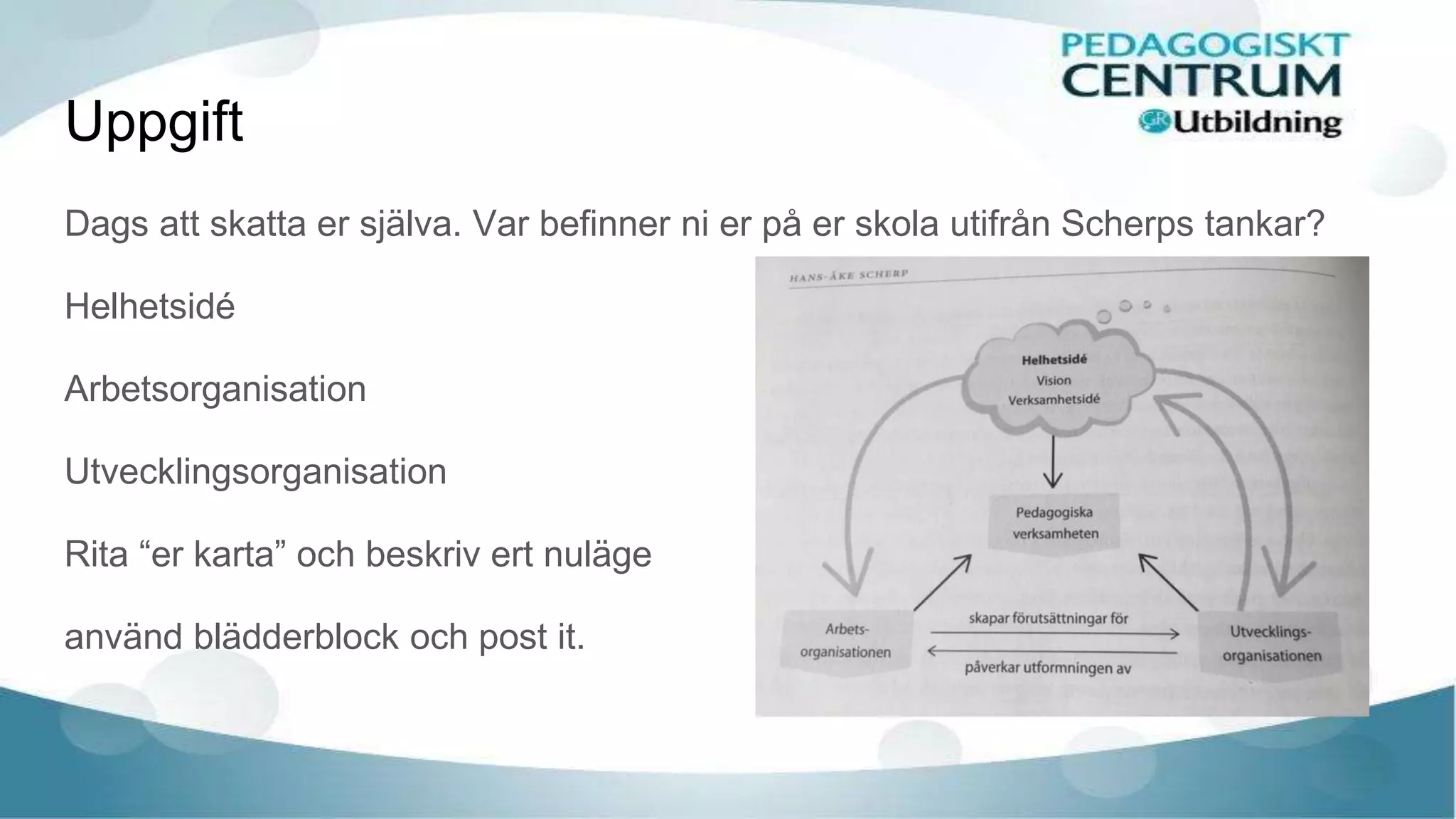 Uppgift
Dags att skatta er själva. Var befinner ni er på er skola utifrån Scherps tankar?
Helhetsidé
Arbetsorganisation
Utvecklingsorganisation
Rita “er karta” och beskriv ert nuläge
använd blädderblock och post it.
 