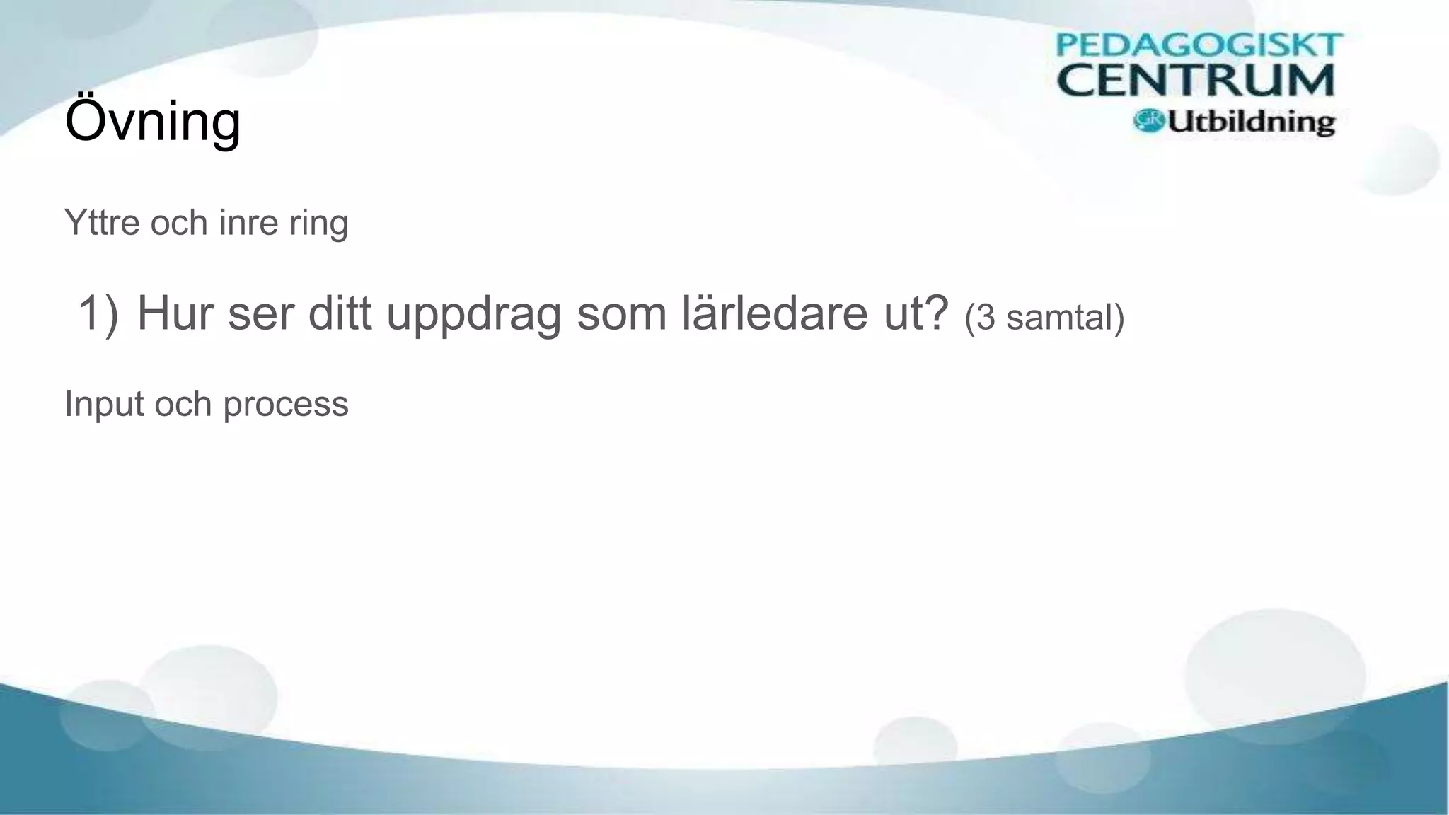 Övning
Yttre och inre ring
1) Hur ser ditt uppdrag som lärledare ut? (3 samtal)
Input och process
 