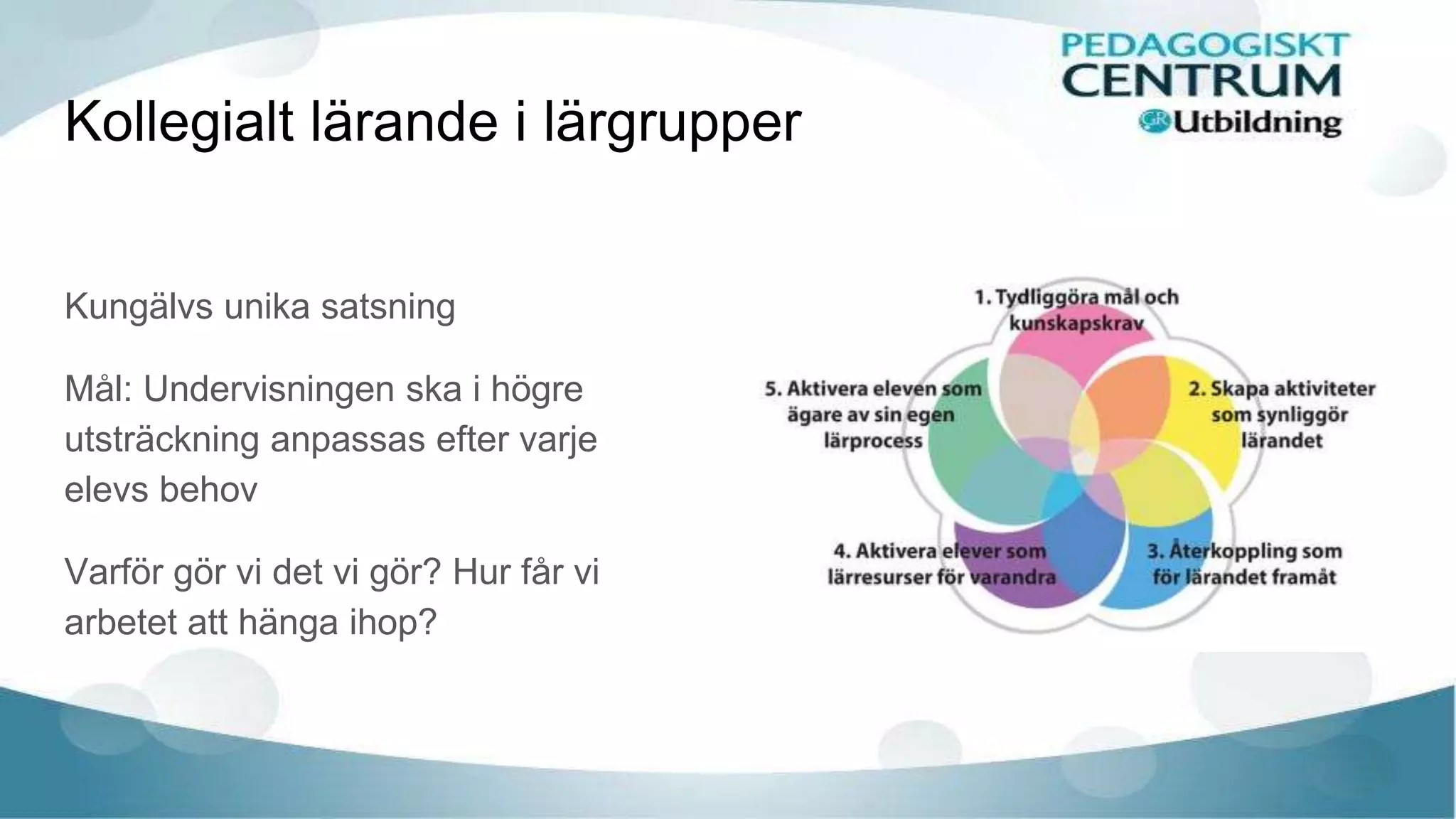 Kollegialt lärande i lärgrupper
Kungälvs unika satsning
Mål: Undervisningen ska i högre
utsträckning anpassas efter varje
elevs behov
Varför gör vi det vi gör? Hur får vi
arbetet att hänga ihop?
 