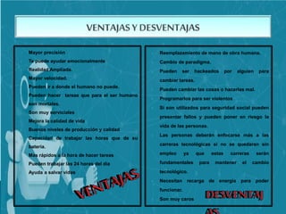  Mayor precisión
 Te puede ayudar emocionalmente
 Realidad Ampliada.
 Mayor velocidad.
 Pueden ir a donde el humano no puede.
 Pueden hacer tareas que para el ser humano
son mortales.
 Son muy serviciales
 Mejora la calidad de vida
 Buenos niveles de producción y calidad
 Capacidad de trabajar las horas que de su
batería.
 Mas rápidos a la hora de hacer tareas
 Pueden trabajar las 24 horas del día
 Ayuda a salvar vidas
 Reemplazamiento de mano de obra humana.
 Cambio de paradigma.
 Pueden ser hackeados por alguien para
cambiar tareas.
 Pueden cambiar las cosas o hacerlas mal.
 Programarlos para ser violentos
 Si son utilizados para seguridad social pueden
presentar fallos y pueden poner en riesgo la
vida de las personas.
 Las personas deberán enfocarse más a las
carreras tecnológicas si no se quedaran sin
empleo ya que estas carreras serán
fundamentales para mantener el cambio
tecnológico.
 Necesitan recarga de energía para poder
funcionar.
 Son muy caros
DESVENTAJ
 