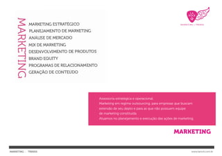 Assessoria estratégica e operacional.
                     Marketing em regime outsourcing, para empresas que buscam
                     extensão de seu depto e para as que não possuem equipe
                     de marketing constituída.
                     Atuamos no planejamento e execução das ações de marketing.




MARKETING : TRENDS                                                            www.larock.com.br
 
