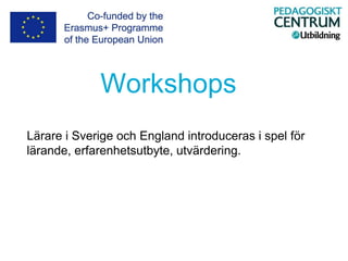 Workshops
Lärare i Sverige och England introduceras i spel för
lärande, erfarenhetsutbyte, utvärdering.
 