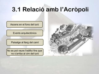 3.1 Relació amb l’Acròpoli

   Ascens en el fons del turó


     Events arquitectònics


   Paisatge al llarg del camí


No es pot veure l’edifici fins que
   no s’arriba al cim del turó
 