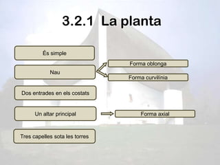 3.2.1 La planta

         És simple
                                Forma oblonga
            Nau
                                Forma curvilínia

Dos entrades en els costats


      Un altar principal            Forma axial



Tres capelles sota les torres
 