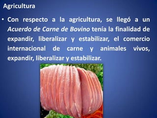 Agricultura
• Con respecto a la agricultura, se llegó a un
Acuerdo de Carne de Bovino tenía la finalidad de
expandir, liberalizar y estabilizar, el comercio
internacional de carne y animales vivos,
expandir, liberalizar y estabilizar.

 