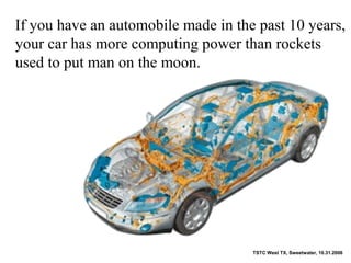 If you have an automobile made in the past 10 years,
your car has more computing power than rockets
used to put man on the moon.
TSTC West TX, Sweetwater, 10.31.2006
 