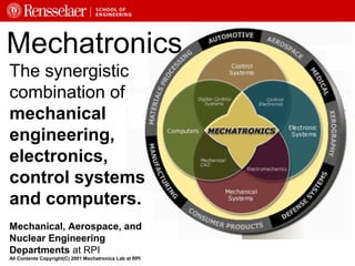Mechatronics
The synergistic
combination of
mechanical
engineering,
electronics,
control systems
and computers.
Mechanical, Aerospace, and
Nuclear Engineering
Departments at RPI
All Contents Copyright(C) 2001 Mechatronics Lab at RPI
 
