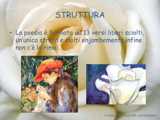 STRUTTURA

• La poesia è formata da 13 versi liberi sciolti,
  un’unica strofa e molti enjambements infine
  non c’è la rima.
 