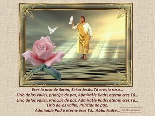 Eres la rosa de Sarón, Señor Jesús, Tú eres la rosa… Lirio de los valles, príncipe de paz, Admirable Padre eterno eres Tú… Lirio de los valles, Príncipe de paz, Admirable Padre eterno eres Tú… Lirio de los valles, Príncipe de paz, Admirable Padre eterno eres Tú… Abba Padre… Pps. Por: chaparra 