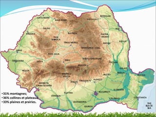 •31% montagnes;
•36% collines et plateaux;
•33% plaines et prairies.
 
