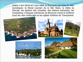 Grâce à son climat et à son relief, la Roumanie est riche en sites
touristiques: le littoral roumain de la Mer Noire, le Delta du
Danube, les stations des Carpates, des stations balnéaires, les
monastères à fresques extérieures de Bucovine (nord) et d’Olténie
(sud) les cités médiévales et les églises fortifiées de Transylvanie.
 