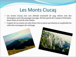 Les Monts Ciucaş
 Les monts Ciucaş avec une altitude maximale de 1954 mètres sont des
montagnes ayant des paysages sauvages. Ils font partie des Carpates Orientales,
étant situés au sud de cette chaîne.
 L’aspect de ces monts est celui d’une cité en pierre qui domine et surplombe les
crêtes des montagnes du voisinage.
 