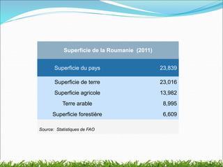 Superficie de la Roumanie (2011)
Superficie du pays 23,839
Superficie de terre 23,016
Superficie agricole 13,982
Terre arable 8,995
Superficie forestière 6,609
Source: Statistiques de FAO
 