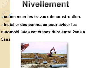commencer      les travaux de construction.
installer   des panneaux pour aviser les
automobilistes cet étapes dure entre 2ans a
3ans.
 