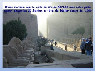 Brume matinale pour la visite du site de Karnak avec notre guide
Sahar, devant les 20 Sphinx à tête de bélier datant de -1990
 