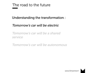 www.15marches.fr
The road to the future
Understanding the transformation :
Tomorrow’s car will be electric
Tomorrow’s car will be a shared
service
Tomorrow’s car will be autonomous
 