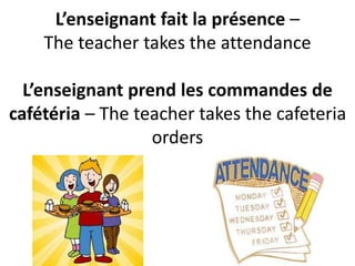 L’enseignant fait la présence –
The teacher takes the attendance
L’enseignant prend les commandes de
cafétéria – The teacher takes the cafeteria
orders
 