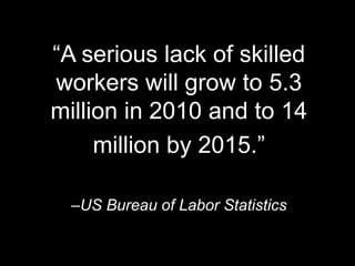 “A serious lack of skilled
workers will grow to 5.3
million in 2010 and to 14
million by 2015.”
–US Bureau of Labor Statistics
 