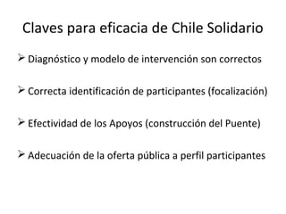 Claves para eficacia de Chile Solidario
 Diagnóstico y modelo de intervención son correctos
 Correcta identificación de participantes (focalización)
 Efectividad de los Apoyos (construcción del Puente)
 Adecuación de la oferta pública a perfil participantes
 