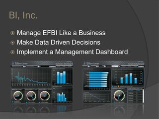 BI, Inc.
 Manage EFBI Like a Business
 Make Data Driven Decisions
 Implement a Management Dashboard
 