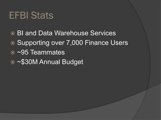 EFBI Stats
 BI and Data Warehouse Services
 Supporting over 7,000 Finance Users
 ~95 Teammates
 ~$30M Annual Budget
 