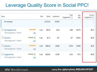 Quality Score on Facebook, Too!
Larry Kim (@larrykim) #SEARCHFEST
 