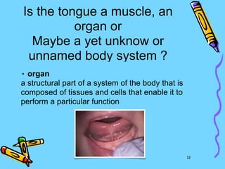 Is the tongue a muscle, an
organ or
Maybe a yet unknow or
unnamed body system ?
• organ
a structural part of a system of the body that is
composed of tissues and cells that enable it to
perform a particular function
12
 