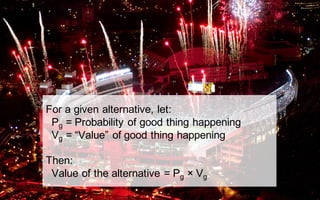 @LMaccherone @TheAgileCraft
For  a  given  alternative,  let:
Pg =  Probability  of  good  thing  happening
Vg =  “Value”  of  good  thing  happening
Then:
Value  of  the  alternative  =  Pg × Vg
 