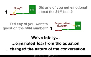 @LMaccherone @TheAgileCraft
Did  any  of  you  get  emotional  
about  the  $1M  loss?
Did  any  of  you  want  to  
question  the  $8M  number?
We’ve totally…
…eliminated fear from the equation
…changed the nature of the conversation
 