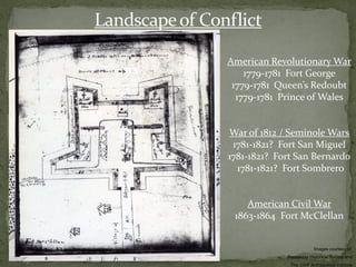 Landscape of Conflict

                American Revolutionary War
                    1779-1781 Fort George
                 1779-1781 Queen’s Redoubt
                  1779-1781 Prince of Wales


                War of 1812 / Seminole Wars
                 1781-1821? Fort San Miguel
                1781-1821? Fort San Bernardo
                  1781-1821? Fort Sombrero


                    American Civil War
                 1863-1864 Fort McClellan


                                         Images courtesy of:
                             Pensacola Historical Society and
                              The UWF Archaeology institute
 