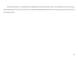 On the other hand, there is a .70 possibility that the challenge will succeed; therefore there is only a .30 possibility that it will not. If the law is

deemed constitutional, Larry will receive $0. If the law is deemed unconstitutional then the DNA issue will arise again. This part of the tree is the

same sub-tree as above.




                                                                                                                                                            10
 
