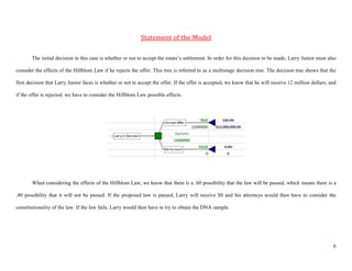 Statement of the Model

       The initial decision in this case is whether or not to accept the estate’s settlement. In order for this decision to be made, Larry Junior must also

consider the effects of the Hillblom Law if he rejects the offer. This tree is referred to as a multistage decision tree. The decision tree shows that the

first decision that Larry Junior faces is whether or not to accept the offer. If the offer is accepted, we know that he will receive 12 million dollars, and

if the offer is rejected, we have to consider the Hillblom Law possible effects.




       When considering the effects of the Hillblom Law, we know that there is a .60 possibility that the law will be passed, which means there is a

.40 possibility that it will not be passed. If the proposed law is passed, Larry will receive $0 and his attorneys would then have to consider the

constitutionality of the law. If the law fails, Larry would then have to try to obtain the DNA sample.




                                                                                                                                                          6
 