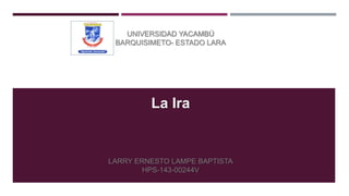 UNIVERSIDAD YACAMBÚ
BARQUISIMETO- ESTADO LARA
LARRY ERNESTO LAMPE BAPTISTA
HPS-143-00244V
La Ira
 