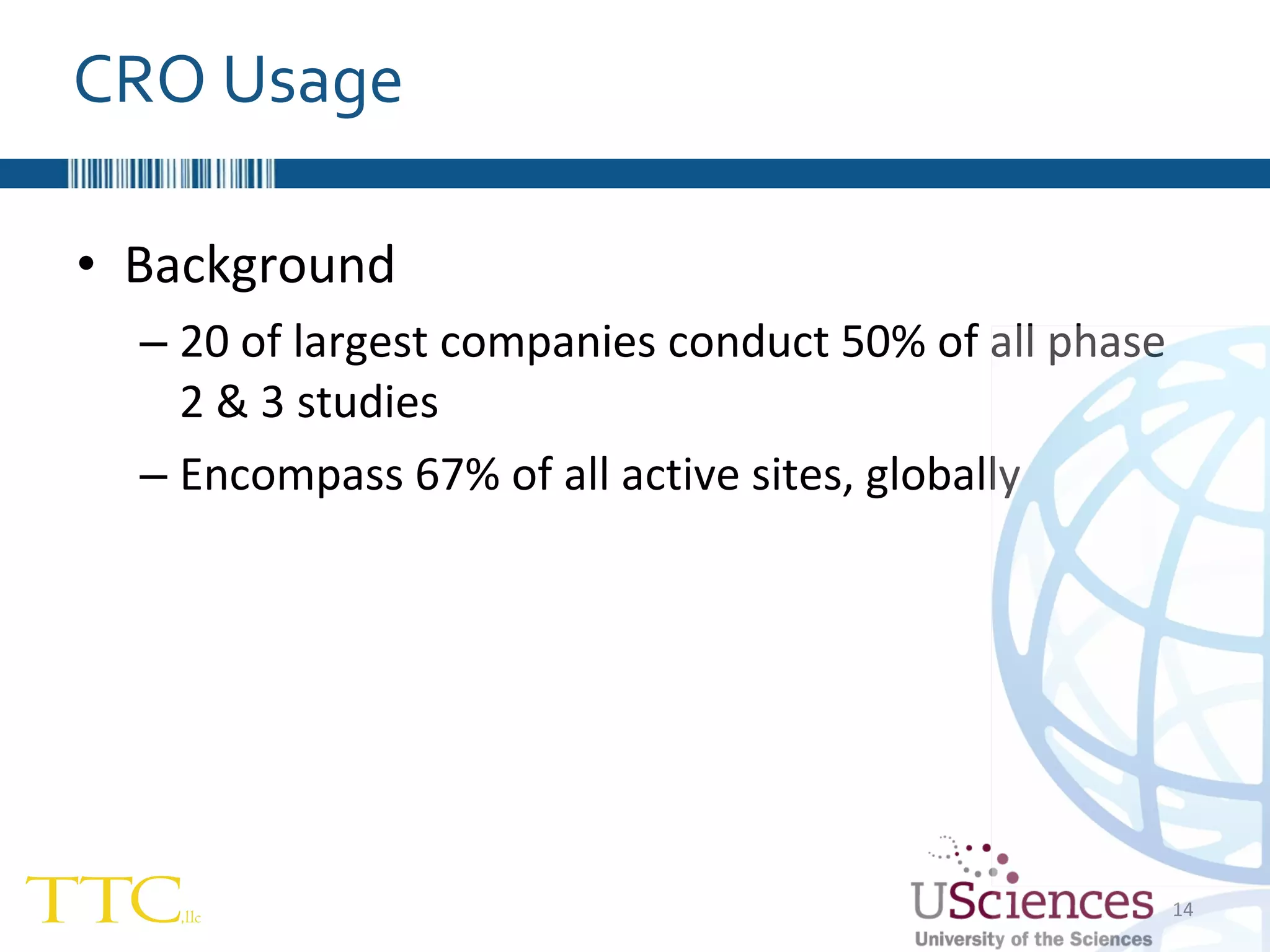 Background 20 of largest companies conduct 50% of all phase 2 & 3 studies  Encompass 67% of all active sites, globally CRO Usage 