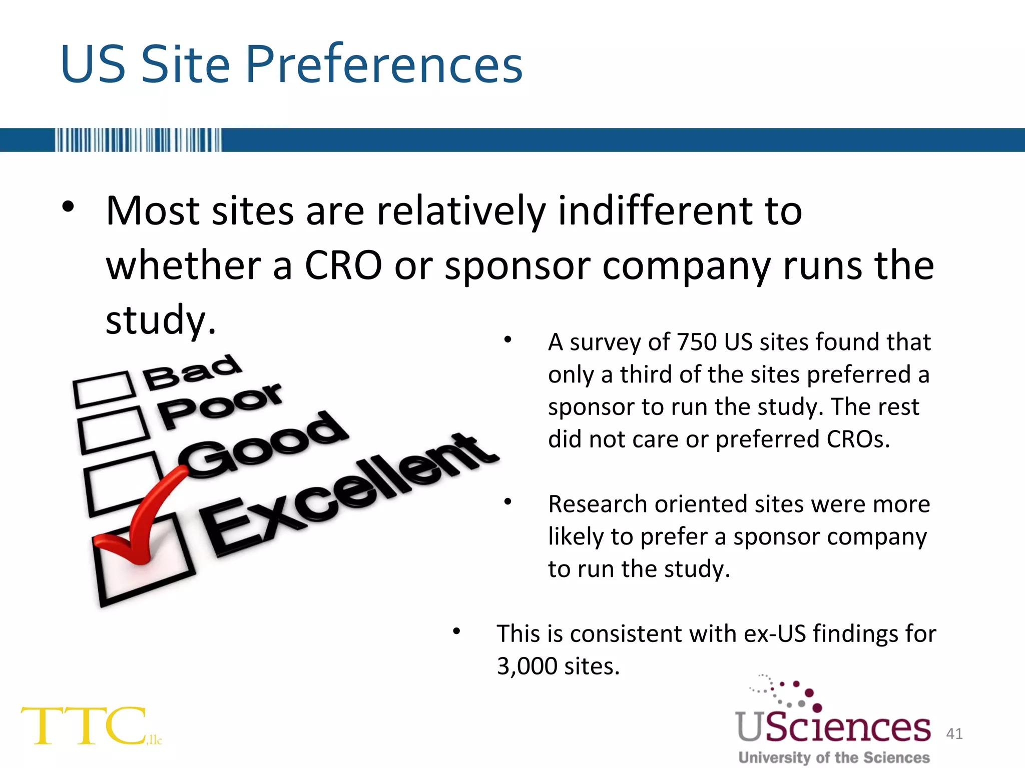 US Site Preferences A survey of 750 US sites found that only a third of the sites preferred a sponsor to run the study. The rest  did not care or preferred CROs. Research oriented sites were more likely to prefer a sponsor company  to run the study.  This is consistent with ex-US findings for 3,000 sites. Most sites are relatively indifferent to whether a CRO or sponsor company runs the study.  