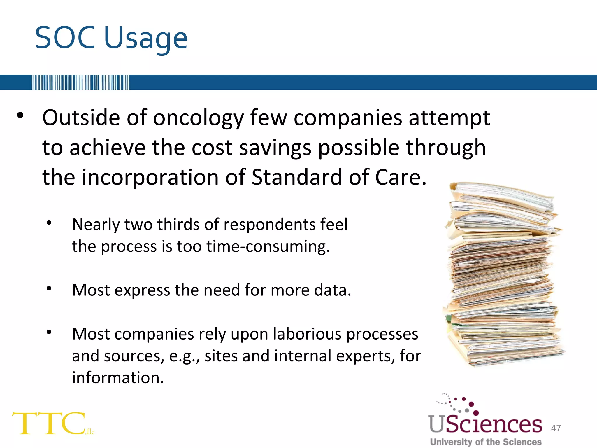 Outside of oncology few companies attempt to achieve the cost savings possible through the incorporation of Standard of Care. Nearly two thirds of respondents feel  the process is too time-consuming. Most express the need for more data. Most companies rely upon laborious processes  and sources, e.g., sites and internal experts, for information.  SOC Usage 