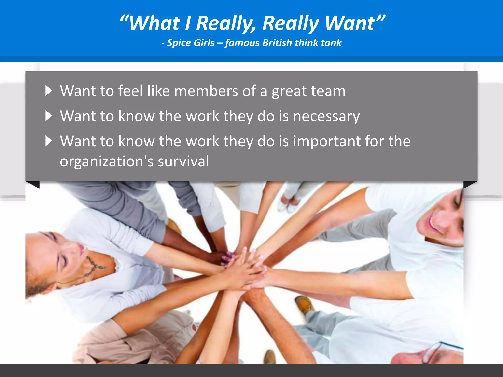 Want to feel like members of a great team
Want to know the work they do is necessary
“What I Really, Really Want”
- Spice Girls – famous British think tank
Want to know the work they do is important for the
organization's survival
 