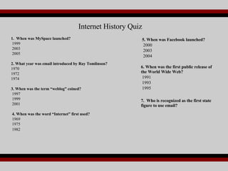 1.  When was MySpace launched? 1999 2003 2005 2. What year was email introduced by Ray Tomlinson? 1970 1972 1974 3.  When was the term “weblog” coined? 1997 1999 2001 4.  When was the word “Internet” first used? 1969 1975 1982   5.  When was Facebook launched? 2000 2003 2004 6. When was the first public release of the World Wide Web? 1991 1993 1995 7.  Who is recognized as the first state figure to use email? Internet History Quiz 