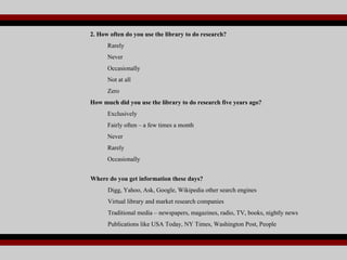 2. How often do you use the library to do research? Rarely Never  Occasionally Not at all Zero How much did you use the library to do research five years ago? Exclusively Fairly often – a few times a month Never Rarely Occasionally Where do you get information these days? Digg, Yahoo, Ask, Google, Wikipedia other search engines Virtual library and market research companies Traditional media – newspapers, magazines, radio, TV, books, nightly news Publications like USA Today, NY Times, Washington Post, People 