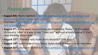 August 2011
• August 8th; Harry tweeted “I feel left out because @Louis_Tomlinson and
@edsheeran have a bond over olives.”
And later: “@edsheeran hands off..I will drop you in the soup..even though no
one is having soup.”
• August 9th; at the exact same minute, both tweeted “#olive”. In the urban
dictionary, ‘olive’ is a way to say “I love you” without actually saying it. Can´t
stop thinking about that.
• August 15th; “Painted nails make Harry beautiful”(kills me)
• August 19th; watch cute creepy Harry Styles stare over Louis in an interview.
• August 31st; Louis was locked out: “Will someone please call Harry and tell him
that I´m locked out!!”
 