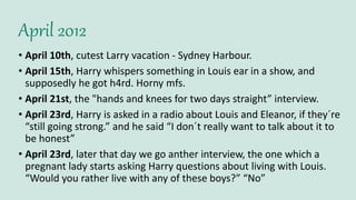 April 2012
• April 10th, cutest Larry vacation - Sydney Harbour.
• April 15th, Harry whispers something in Louis ear in a show, and
supposedly he got h4rd. Horny mfs.
• April 21st, the "hands and knees for two days straight” interview.
• April 23rd, Harry is asked in a radio about Louis and Eleanor, if they´re
“still going strong.” and he said “I don´t really want to talk about it to
be honest”
• April 23rd, later that day we go anther interview, the one which a
pregnant lady starts asking Harry questions about living with Louis.
“Would you rather live with any of these boys?” “No”
 
