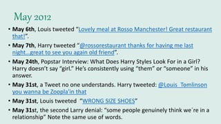 May 2012
• May 6th, Louis tweeted “Lovely meal at Rosso Manchester! Great restaurant
that!”.
• May 7th, Harry tweeted “@rossorestaurant thanks for having me last
night…great to see you again old friend”.
• May 24th, Popstar Interview: What Does Harry Styles Look For in a Girl?
Harry doesn’t say “girl.” He’s consistently using “them” or “someone” in his
answer.
• May 31st, a Tweet no one understands. Harry tweeted: @Louis_Tomlinson
you wanna be Zoopla'in that
• May 31st, Louis tweeted “WRONG SIZE SHOES”
• May 31st, the second Larry denial: “some people genuinely think we´re in a
relationship” Note the same use of words.
 