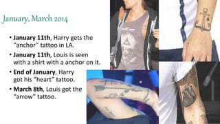 January, March 2014
• January 11th, Harry gets the
“anchor” tattoo in LA.
• January 11th, Louis is seen
with a shirt with a anchor on it.
• End of January, Harry
got his “heart” tattoo.
• March 8th, Louis got the
“arrow” tattoo.
 