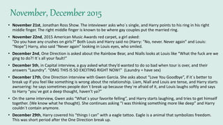 November, December 2015
• November 21st, Jonathan Ross Show. The inteviewer asks who´s single, and Harry points to his ring in his right
middle finger. The right middle finger is known to be where gay couples put the married ring.
• November 22nd, 2015 American Music Awards red carpet, a girl asked:
"Do you have any crushes on girls?“ Both Louis and Harry said no (Harry: "No, never. Never again” and Louis:
“Nope”) Harry, also said “Never again” looking in Louis eyes, who smiled.
• December 2nd, One Direction is asked about the Rainbow Bear, and Nialls looks at Louis like “What the fuck are we
ging to do?! It´s all your fault!”
• December 5th, in Capital interview, a guy asked what they’d wanted to do so bad when tour is over, and their
answers “Laundry”. “OMG THIS IS SO EXCITING RIGHT NOW!" (Laundry = have sex)
• December 17th, One Direction interview with Gwen Garcia. She asks about “Love You Goodbye”, if it´s better to
break up if you feel like something is wrong about the relationship. Liam, Niall and Louis are tense, and Harry starts
awnsering: he says sometimes people don´t break up because they´re afraid of it, and Louis laughs softly and says
to Harry “you´ve got a deep thought, haven’t ya?”
• On the same interview, Gwen asks “What´s your favorite felling”, and Harry starts laughing, and tries to get himself
together. (We know what he thought). She continues asking “I was thinking something more like deep” and Harry
couldn´t contain anymore.
• December 29th, Harry covered his “things I can” with a eagle tattoo. Eagle is a animal that symbolizes freedom.
This was short period after the One Direction break up.
 