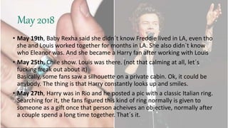 May 2018
• May 19th, Baby Rexha said she didn´t know Freddie lived in LA, even tho
she and Louis worked together for months in LA. She also didn`t know
who Eleanor was. And she became a Harry fan after working with Louis
• May 25th, Chile show. Louis was there. (not that calming at all, let´s
fucking freak out about it)
Basically, some fans saw a silhouette on a private cabin. Ok, it could be
anybody. The thing is that Harry constantly looks up and smiles.
• May 27th, Harry was in Rio and he posted a pic with a classic Italian ring.
Searching for it, the fans figured this kind of ring normally is given to
someone as a gift once that person acheives an objective, normally after
a couple spend a long time together. That´s it.
 