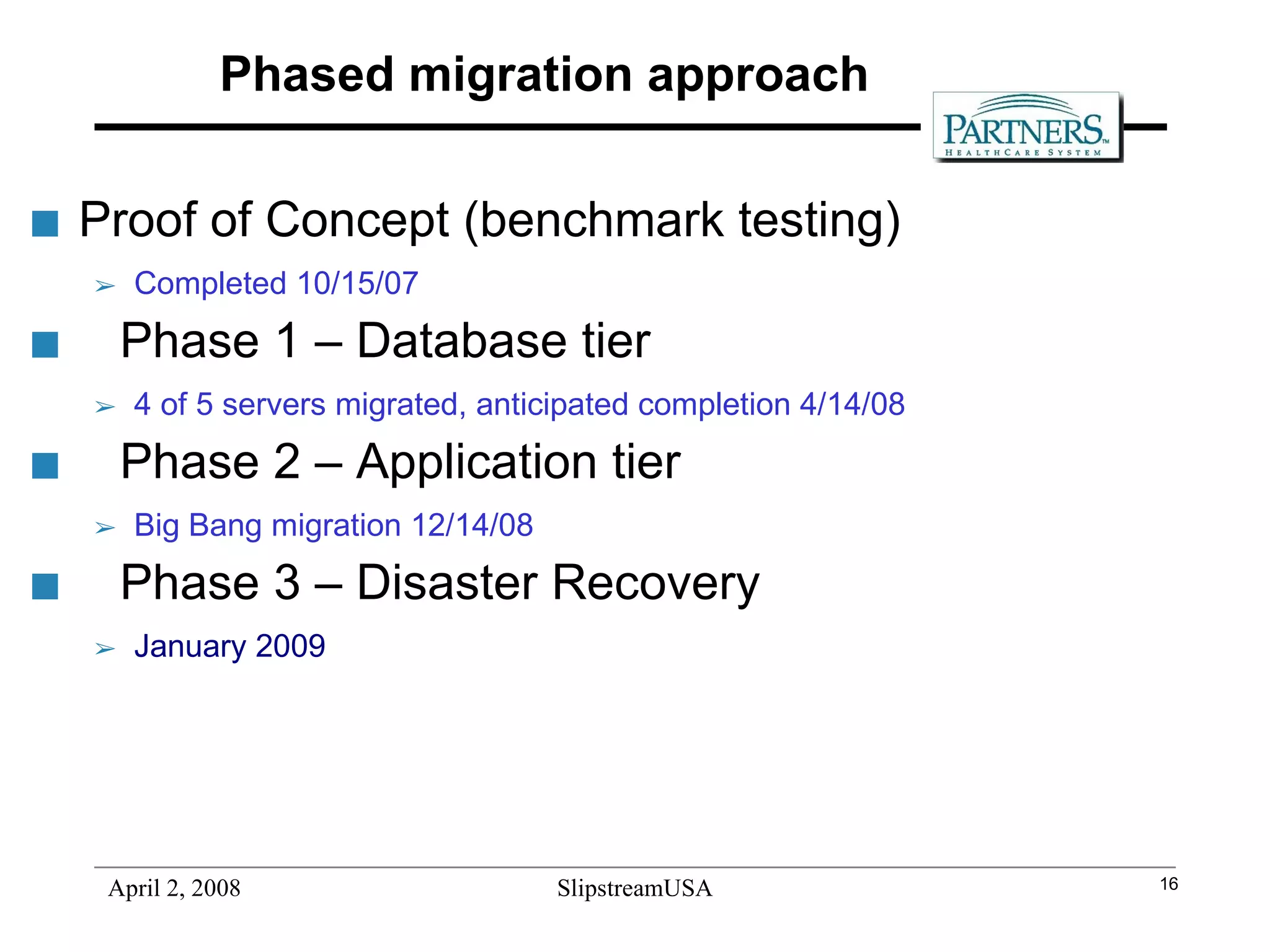 Phased migration approach Proof of Concept (benchmark testing) Completed 10/15/07 Phase 1 – Database tier 4 of 5 servers migrated, anticipated completion 4/14/08 Phase 2 – Application tier Big Bang migration 12/14/08 Phase 3 – Disaster Recovery January 2009 