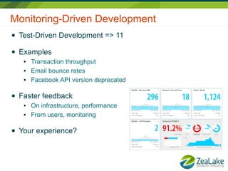 Monitoring-Driven Development
● Test-Driven Development => 11
● Examples
● Transaction throughput
● Email bounce rates
● Facebook API version deprecated
● Faster feedback
● On infrastructure, performance
● From users, monitoring
● Your experience?
 